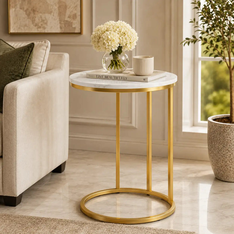 Premium Round Side Table for Small Spaces Nightstand with Golden Metal Finish