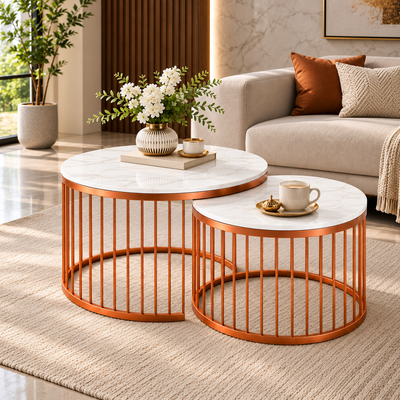 Premium White Caged Copper Nesting Table Set of 2
