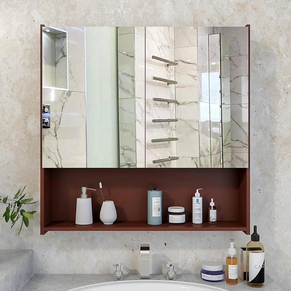 Premium Wooden Bathroom Organizer Cabinet with Mirror & 4 Spacious Shelves with Brown Finish