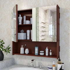 Premium Wooden Bathroom Organizer Cabinet with Mirror & 4 Spacious Shelves with Brown Finish