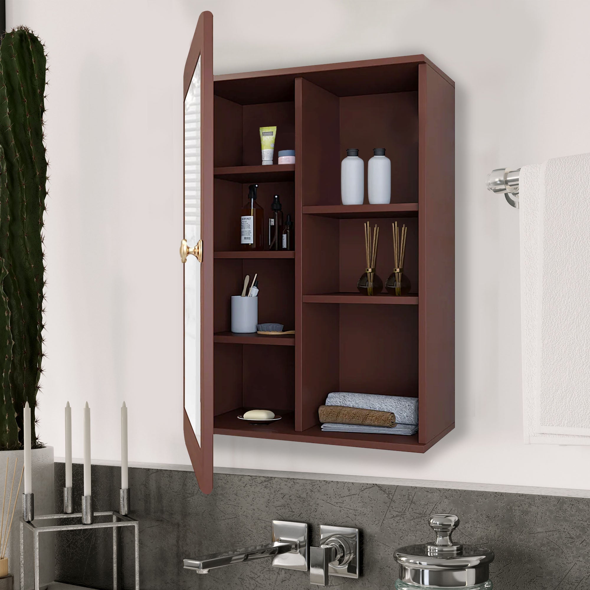 Premium Wooden Brown Bathroom Cabinet with Mirror & 7 Spacious Shelves