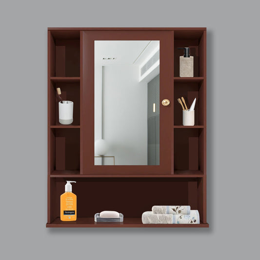 Premium Wooden Brown Bathroom Cabinet with Mirror & 9 Spacious Shelves