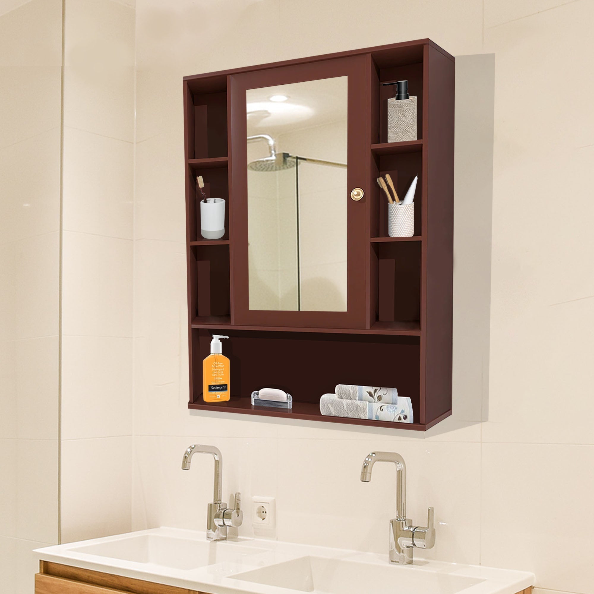 Premium Wooden Brown Bathroom with Mirror & 9 Spacious Shelves
