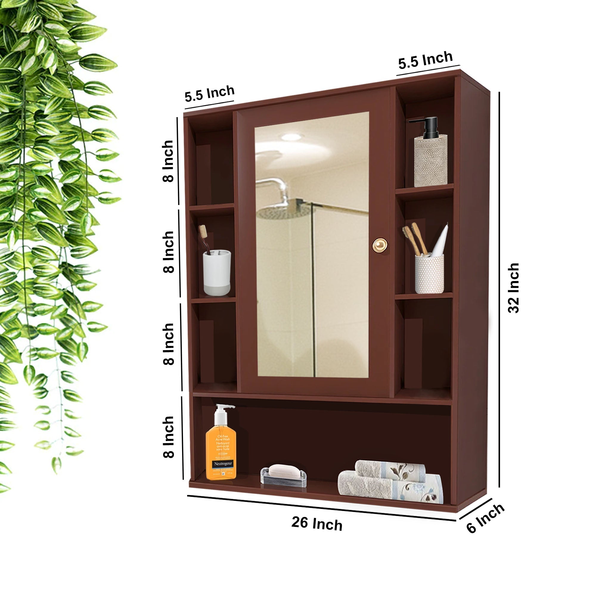 Premium Wooden Brown Bathroom with Mirror & 9 Spacious Shelves