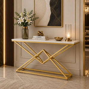Pyramid Design Console Marble Table Golden Metal Finish