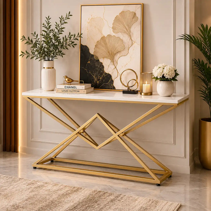 Pyramid Design Console Marble Table Golden Metal Finish