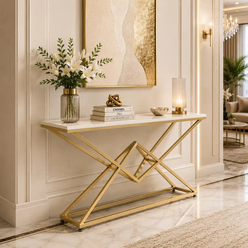 Pyramid Design Console Marble Table Golden Metal Finish