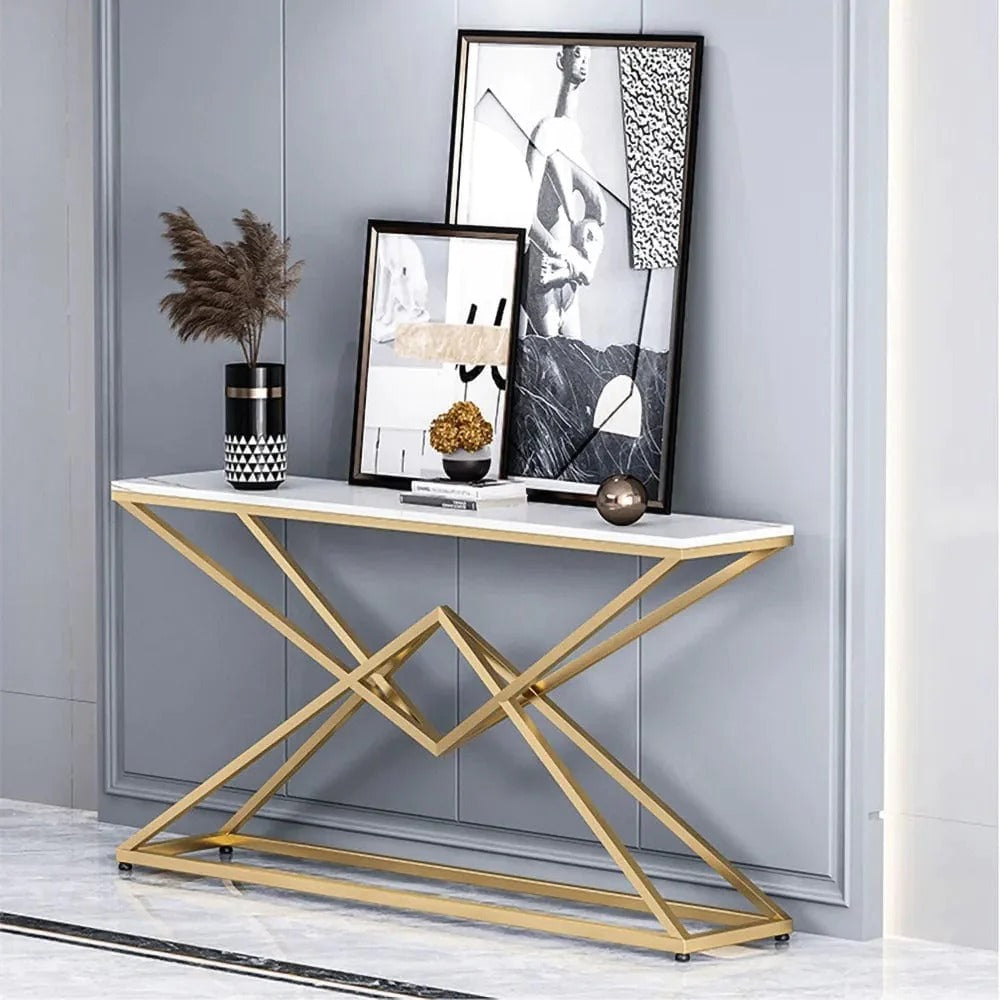 Pyramid Design Console Marble Table Golden Metal Finish for Home Decor		