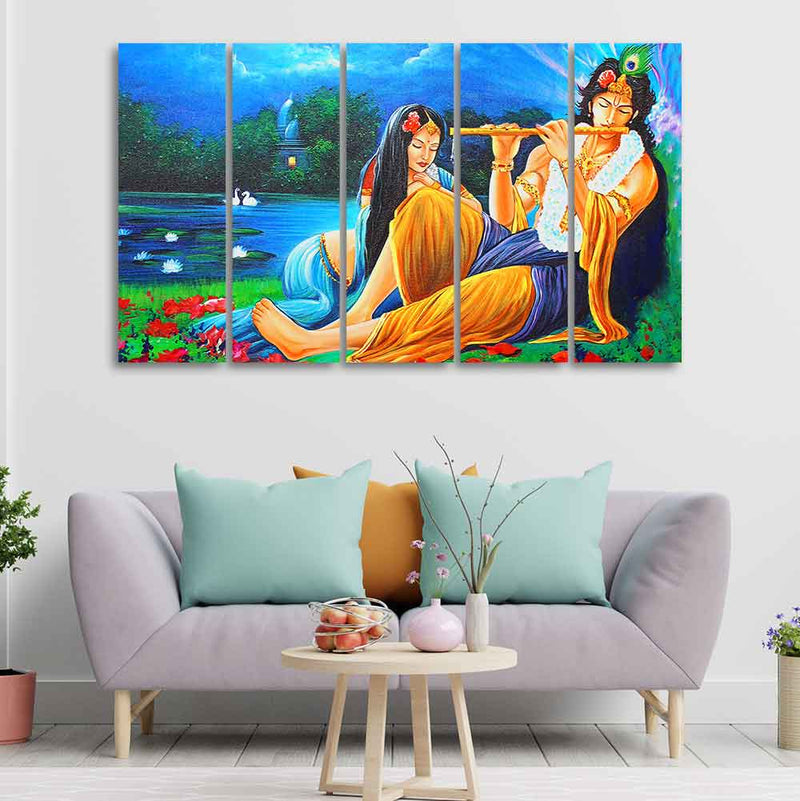 Radha Krishna Five Pieces Canvas Wall Painting