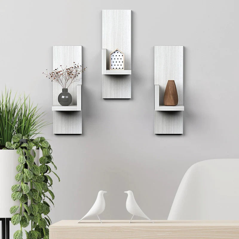 Rectangular Shaped Artistic Wooden Wall Shelves Set of Three
