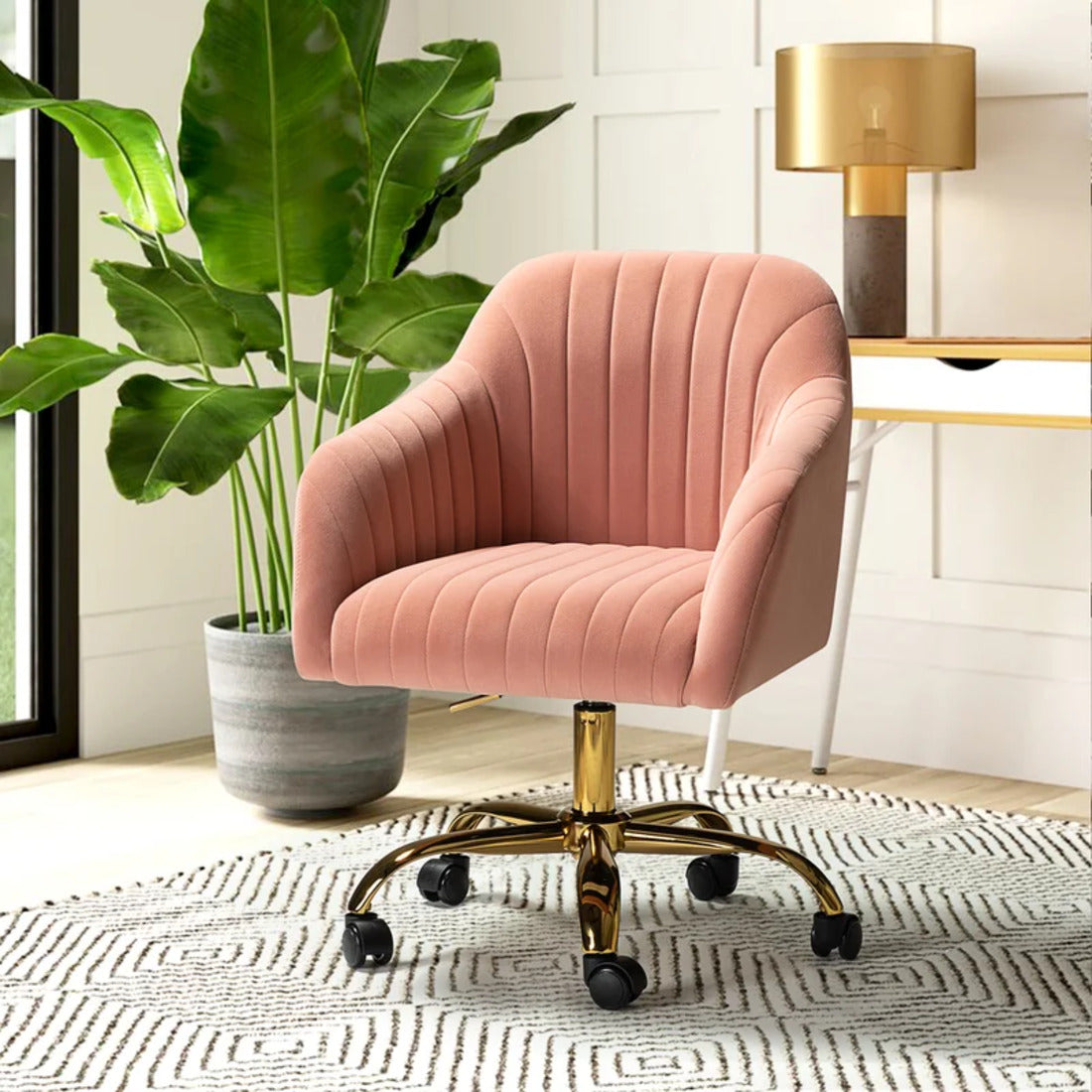 Refined Baby Pink Tufted Velvet Comfy Armchair with Golden Legs