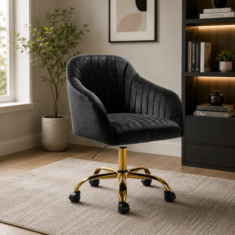 Refined Black Tufted Velvet Premium Armchair with Golden Legs