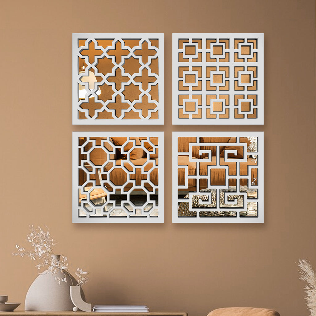 Regal Intricate Pattern Wooden Mirror Wall Art Set of 4