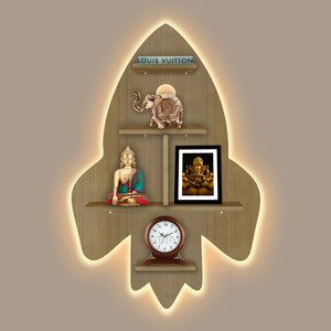 Rocket Shape Wooden Wall Shelf LED Light Wall Shelf with Oak Finish