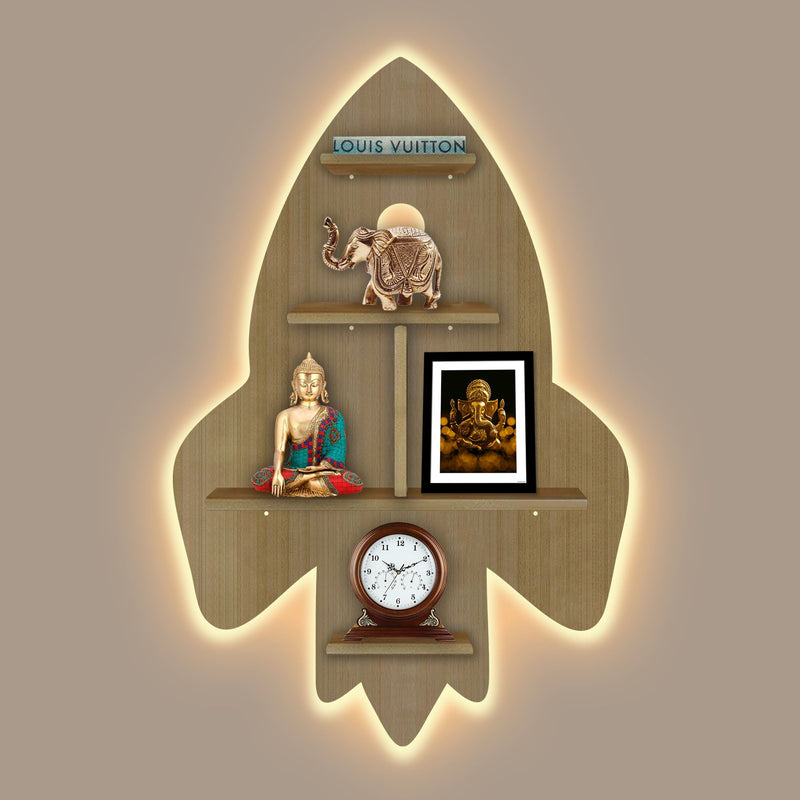 Rocket Shape Wooden Wall Shelf LED Light Wall Shelf with Oak Finish