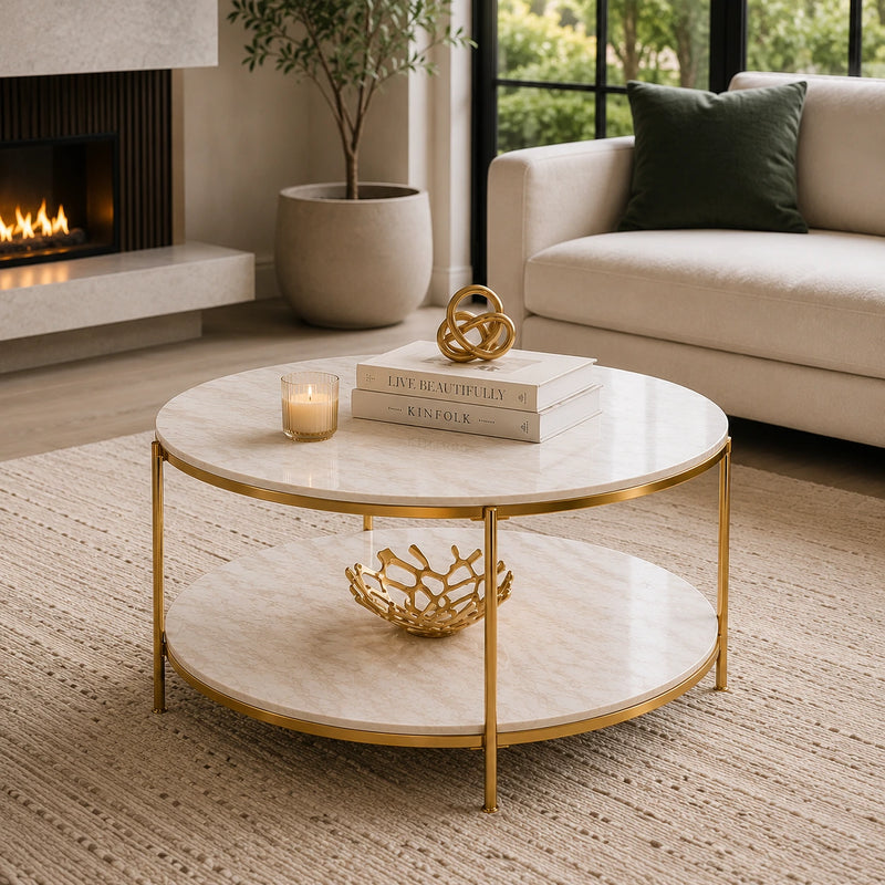 Round Metal Copper Round Coffee Table In Shiny Golden Edge