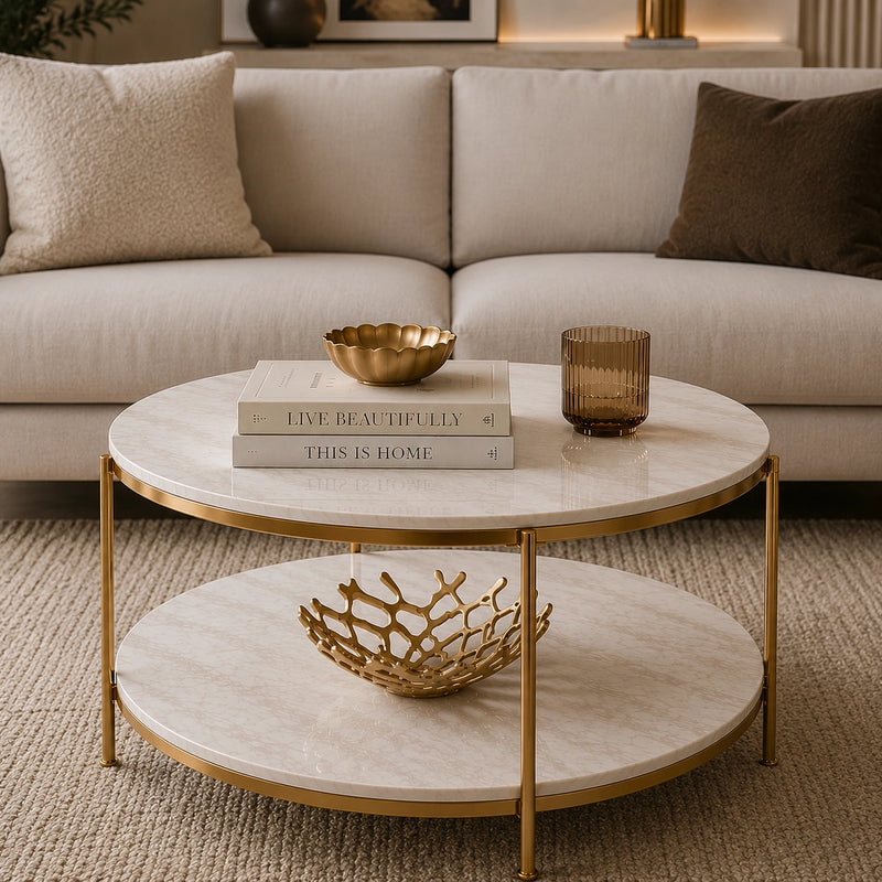 Round Metal Copper Round Coffee Table In Shiny Golden Edge