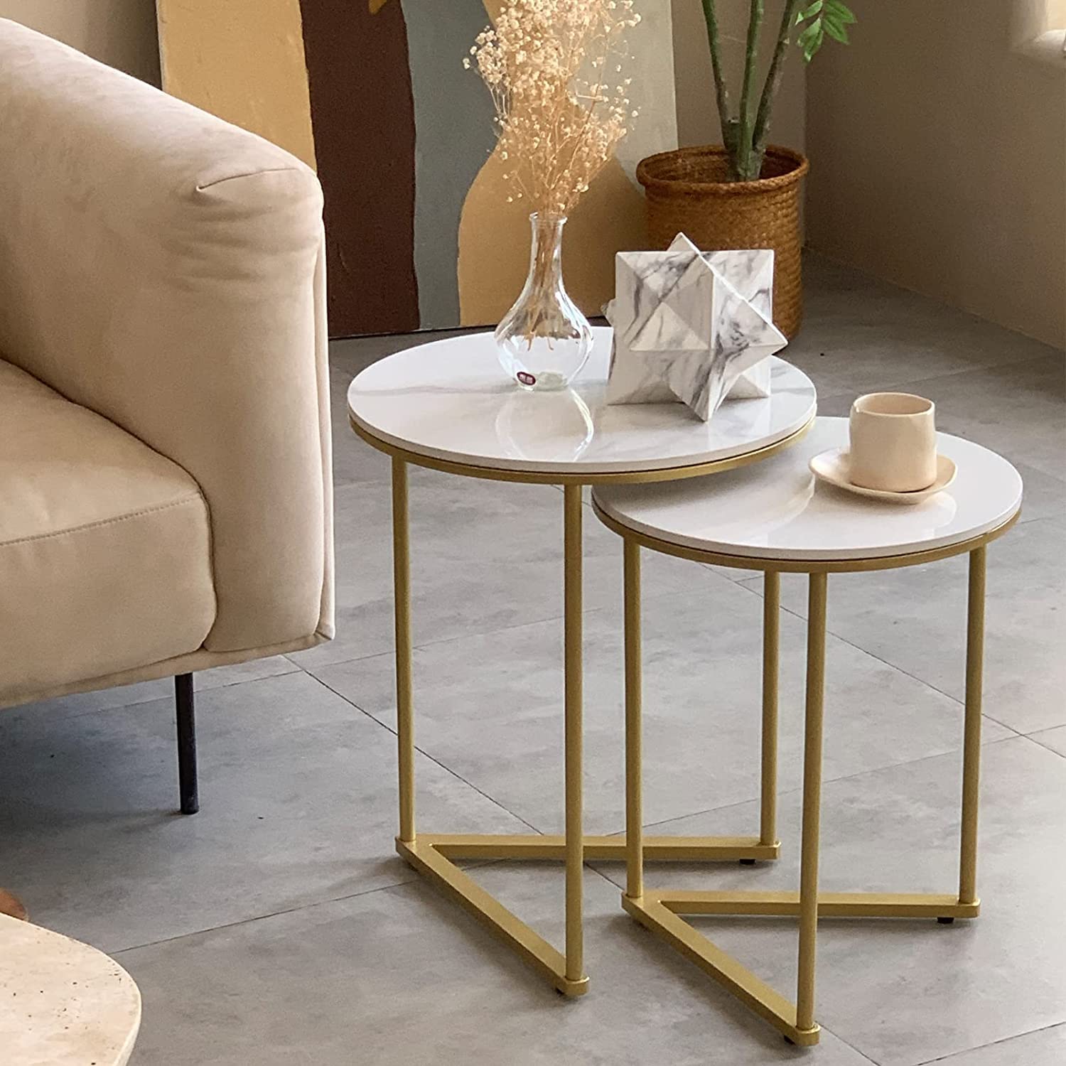 Round Shape Iron Stand Side Marble Table Set of 2 Home Decor		