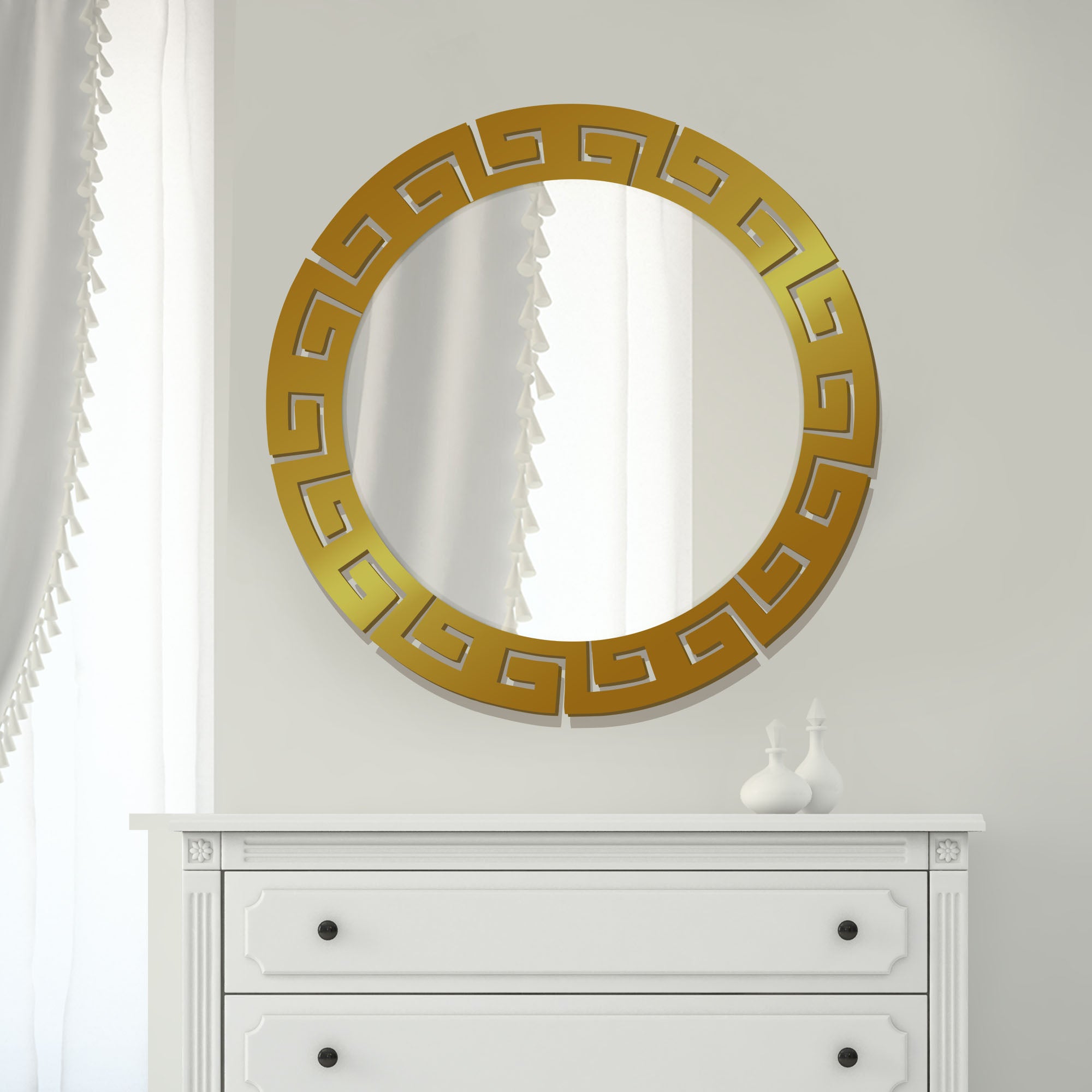 Round Shape Unique Design Wooden Wall Mirror With Gold Texture