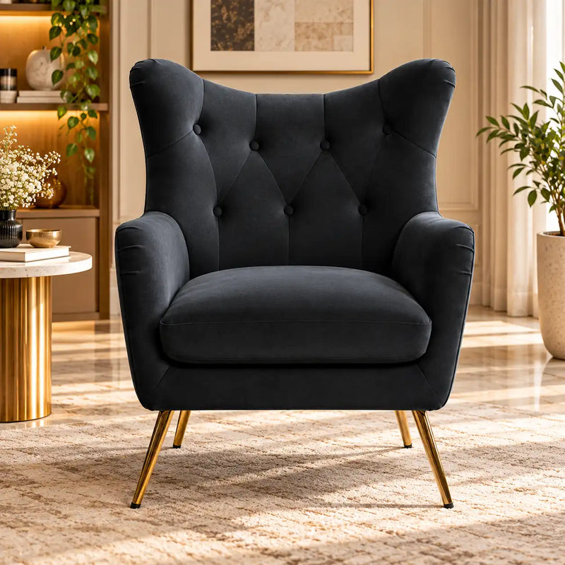 Royal Black Comfortable Tufted Velvet Sofa Lounge Chair