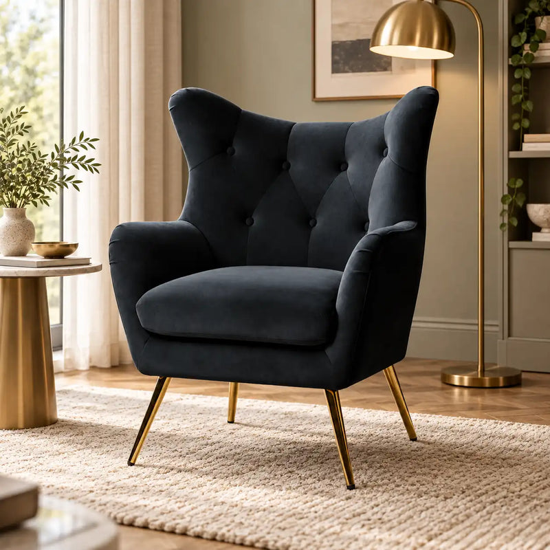 Royal Black Comfortable Tufted Velvet Sofa Lounge Chair