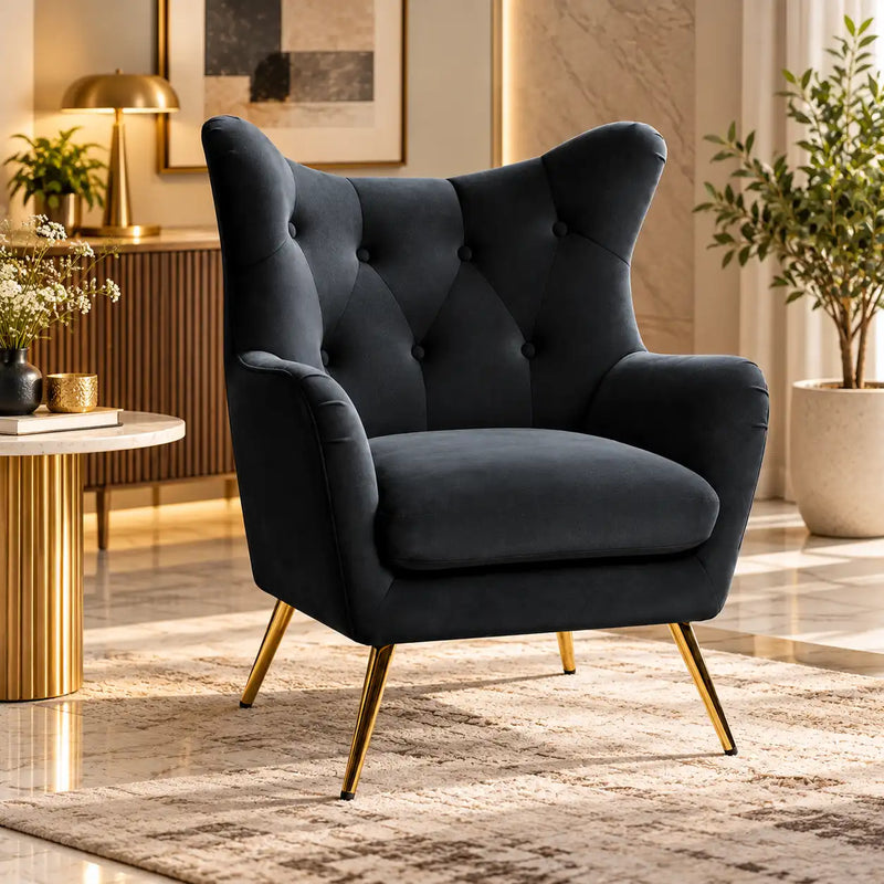 Royal Black Comfortable Tufted Velvet Sofa Lounge Chair
