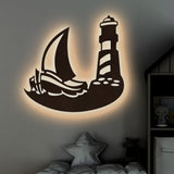 Sailboat Lighthouse Backlit Wooden Wall Decor with LED Night Light Walnut Finish
