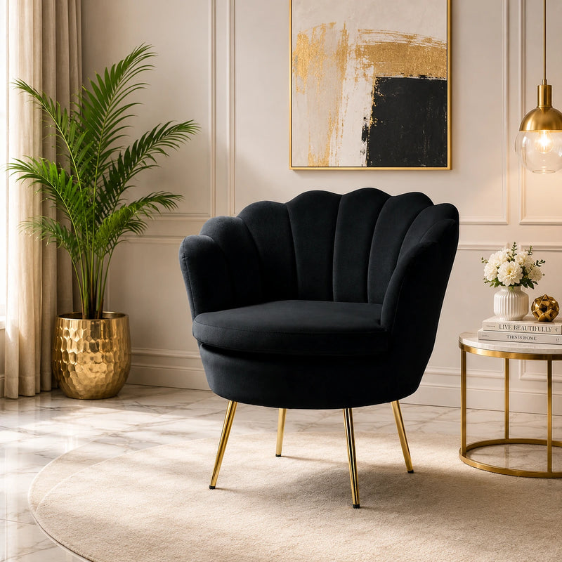 Shell Motif Luxury Design Black Velvet Accent Chair