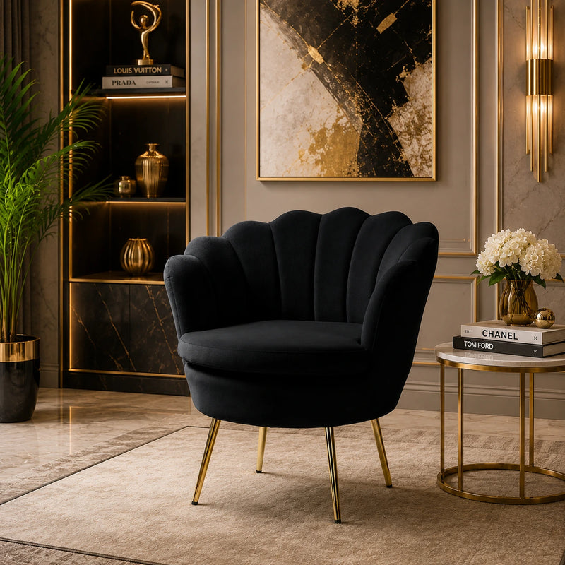 Shell Motif Luxury Design Black Velvet Accent Chair
