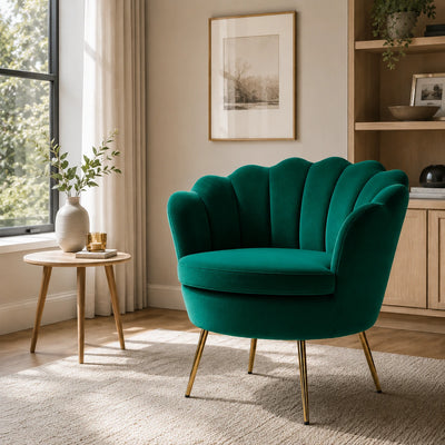 Shell Motif Luxury Design Green Velvet Accent Chair