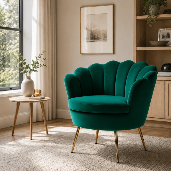 Shell Motif Luxury Design Green Velvet Accent Chair