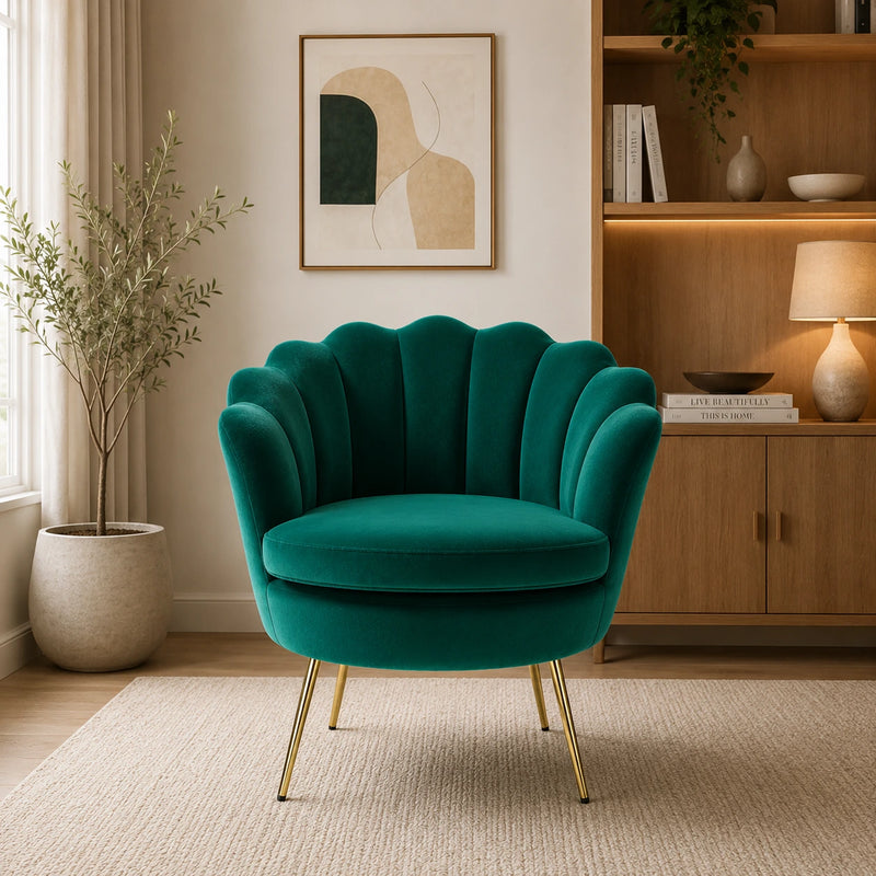 Shell Motif Luxury Design Green Velvet Accent Chair