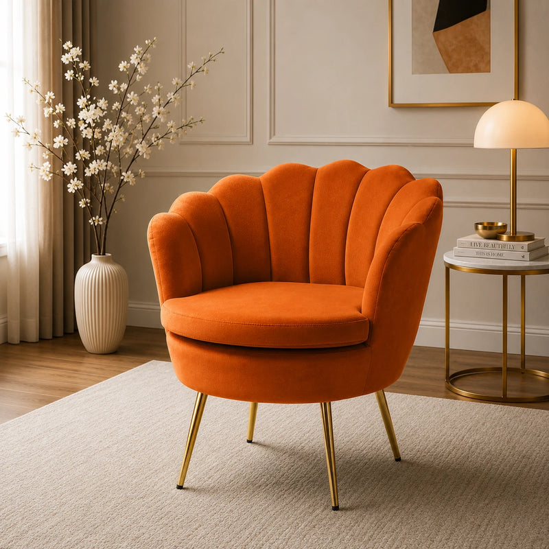 Shell Motif Luxury Design Mustard Velvet Lounge Chair