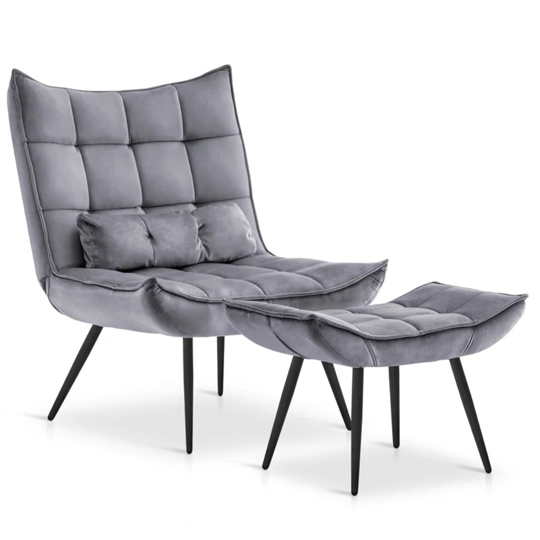 Grey Leather Finish Armchair with Footrest & Cushion