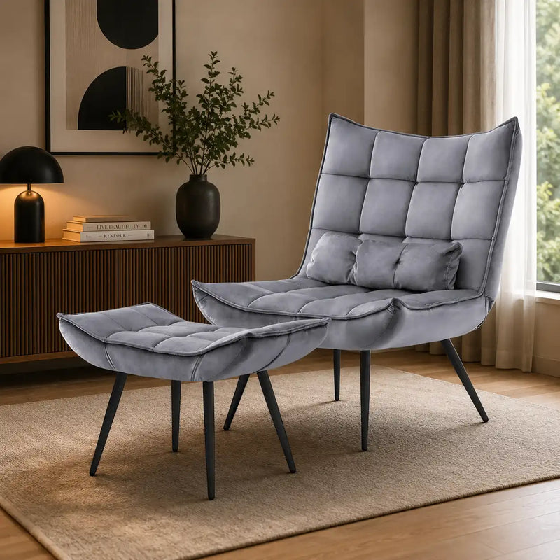 Shiny Grey Leather Finish Armchair with Footrest & Cushion