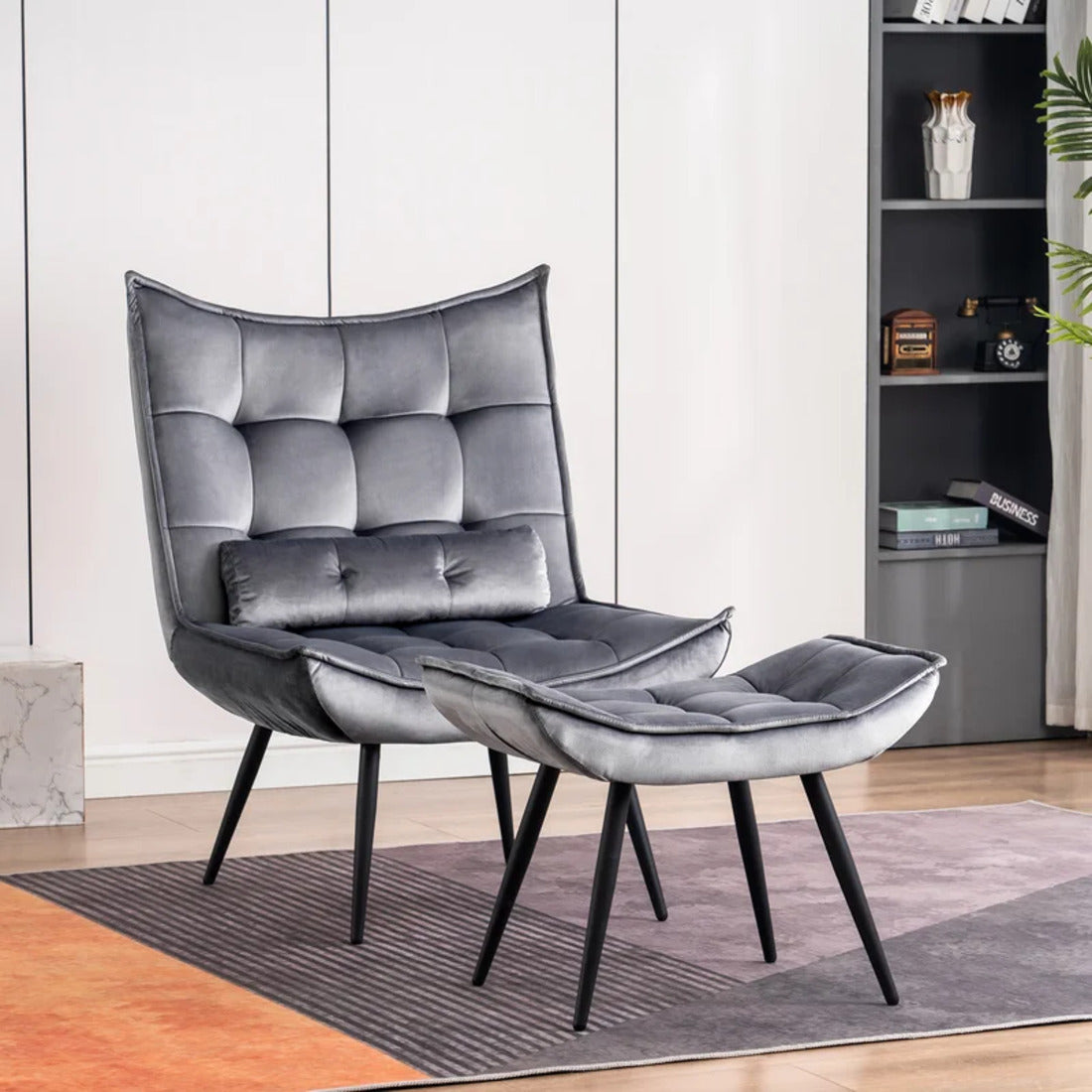 Shiny Grey Leather Finish Armchair with Footrest & Cushion