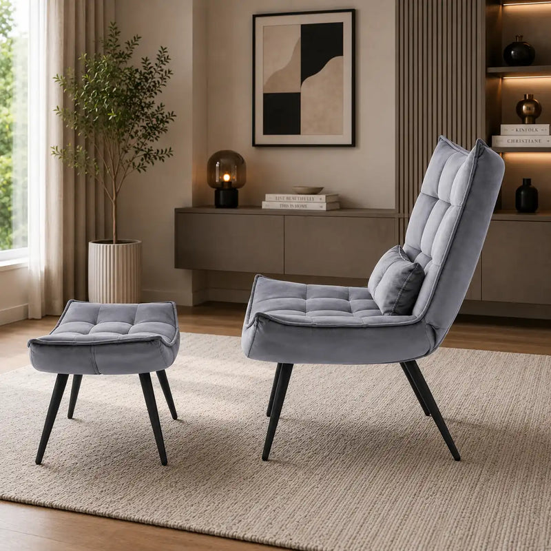 Shiny Grey Leather Finish Armchair with Footrest & Cushion