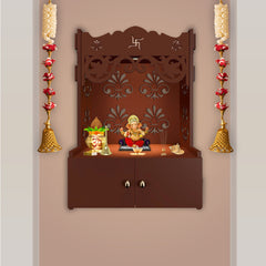 Shubh Labh Symbol of Hindu Religious Brown Wooden Wall Temple for Home With Inbuilt focus Lights & Spacious Shelf