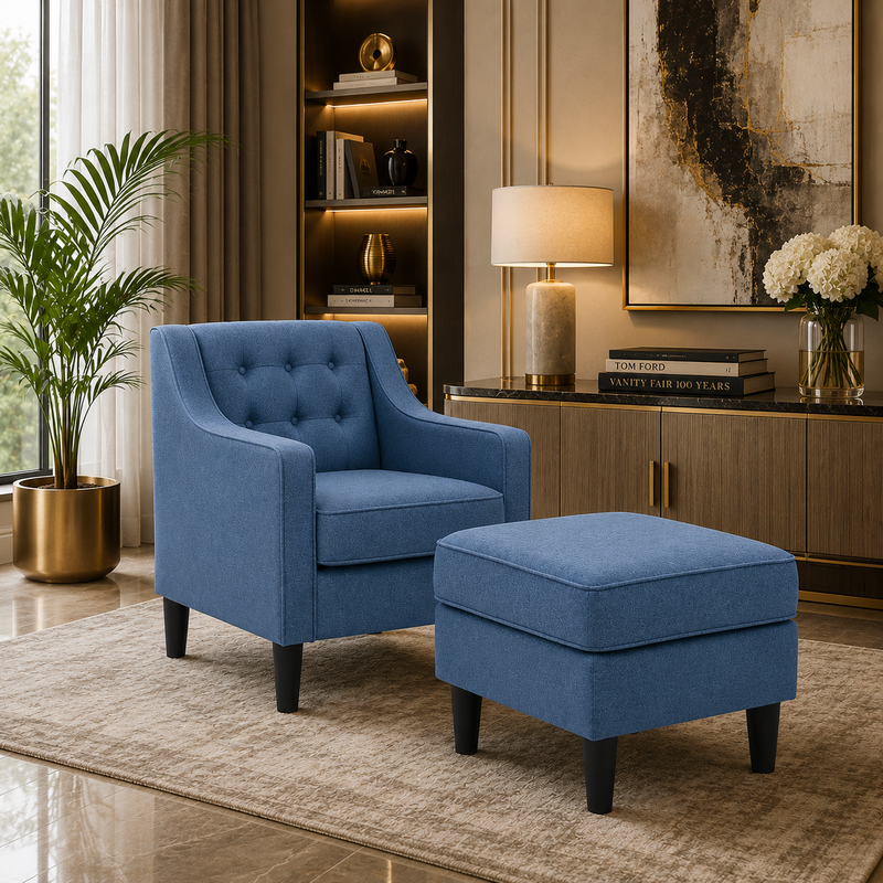 Skyblue Color Tufted Comfy Accent Chair with Footrest