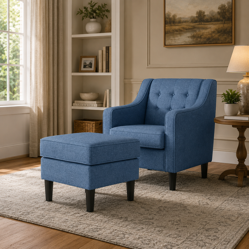 Skyblue Color Tufted Comfy Accent Chair with Footrest