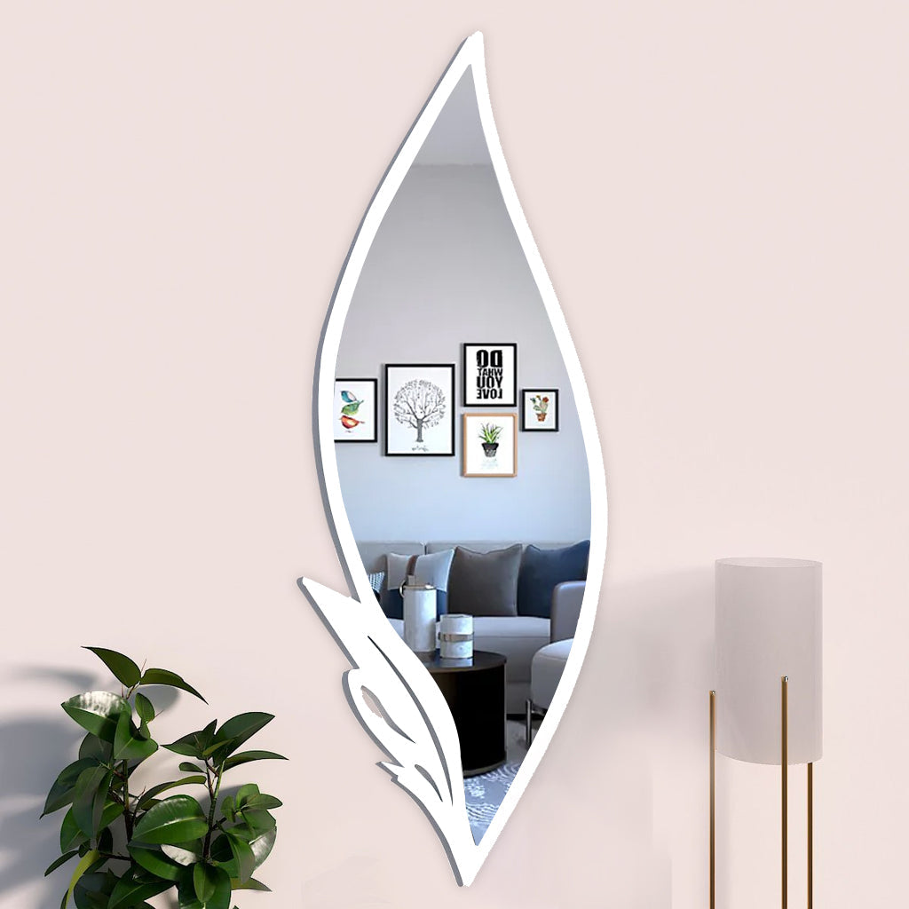 Slender Big Leafs Vanity Mirror with Metallic White Finish Frame