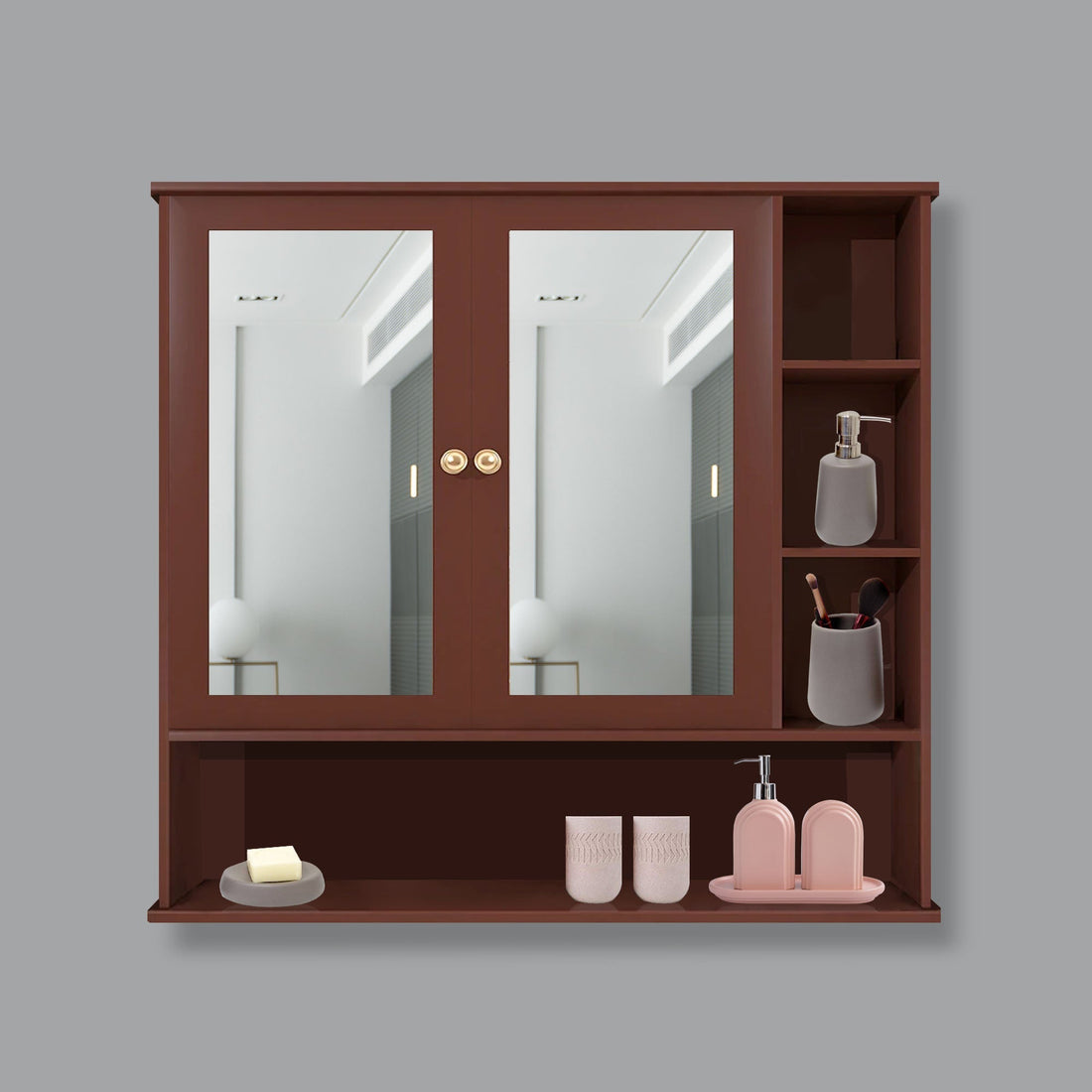 Space Saving Bathroom Mirror Cabinet with 6 Spacious Shelves with Wooden Brown Finish