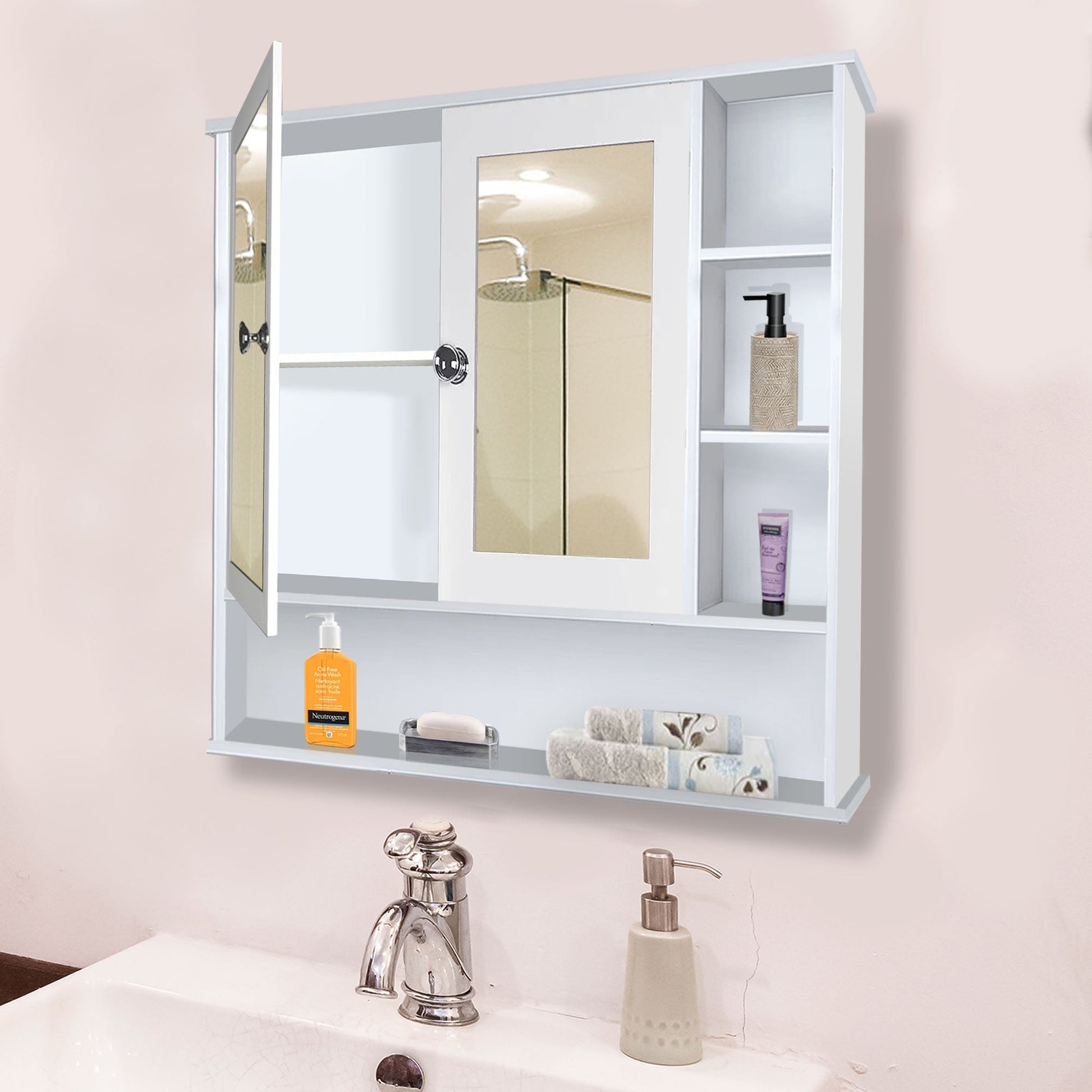 Space Saving Bathroom Mirror Cabinet with 6 Spacious Shelves with Wooden White Finish