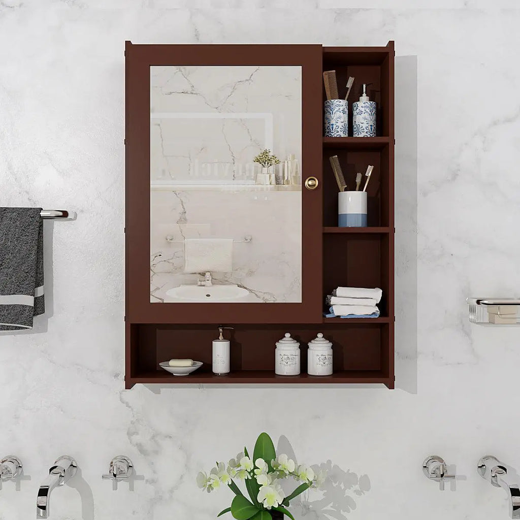 Spacious Dressing Bathroom Mirror Cabinet with 6 Shelves with Wooden Brown Finish