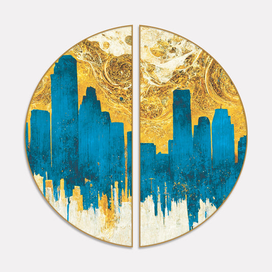 Spectacular Teal and Golden Abstract Cityscape Semi Circle Frames Set Of 2