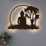 Spiritual God Buddha Art Backlit Wooden Wall Hanging with LED Night Light Walnut Finish