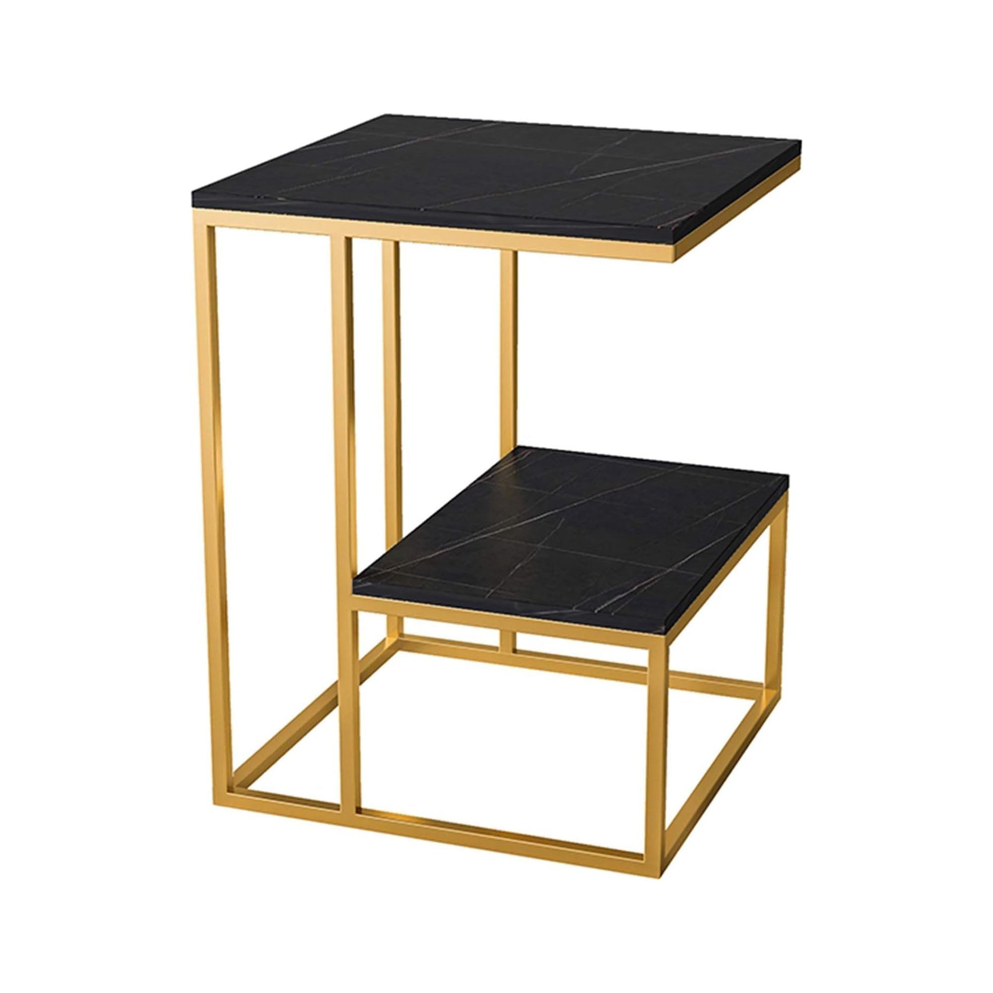 Square Geometric Elegant Golden Metal Finish Side Table with Black Mar