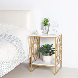 Square Geometric Rhombus Frame End  Side Table with Golden Metal Finish