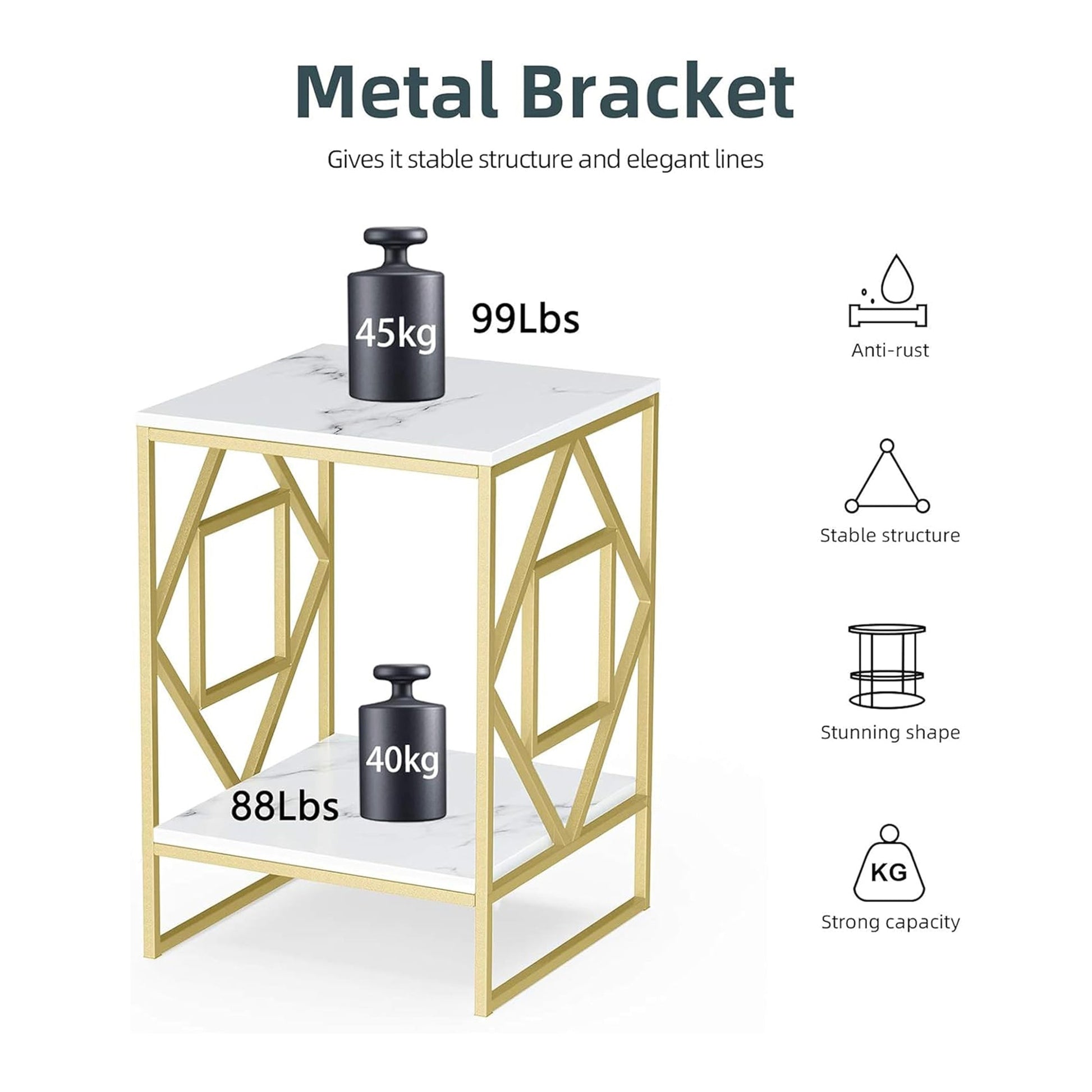 Square Geometric Rhombus Frame End  Side Table with Golden Metal Finish