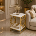 Square Geometric Rhombus Frame End  Side Table with Golden Metal Finish
